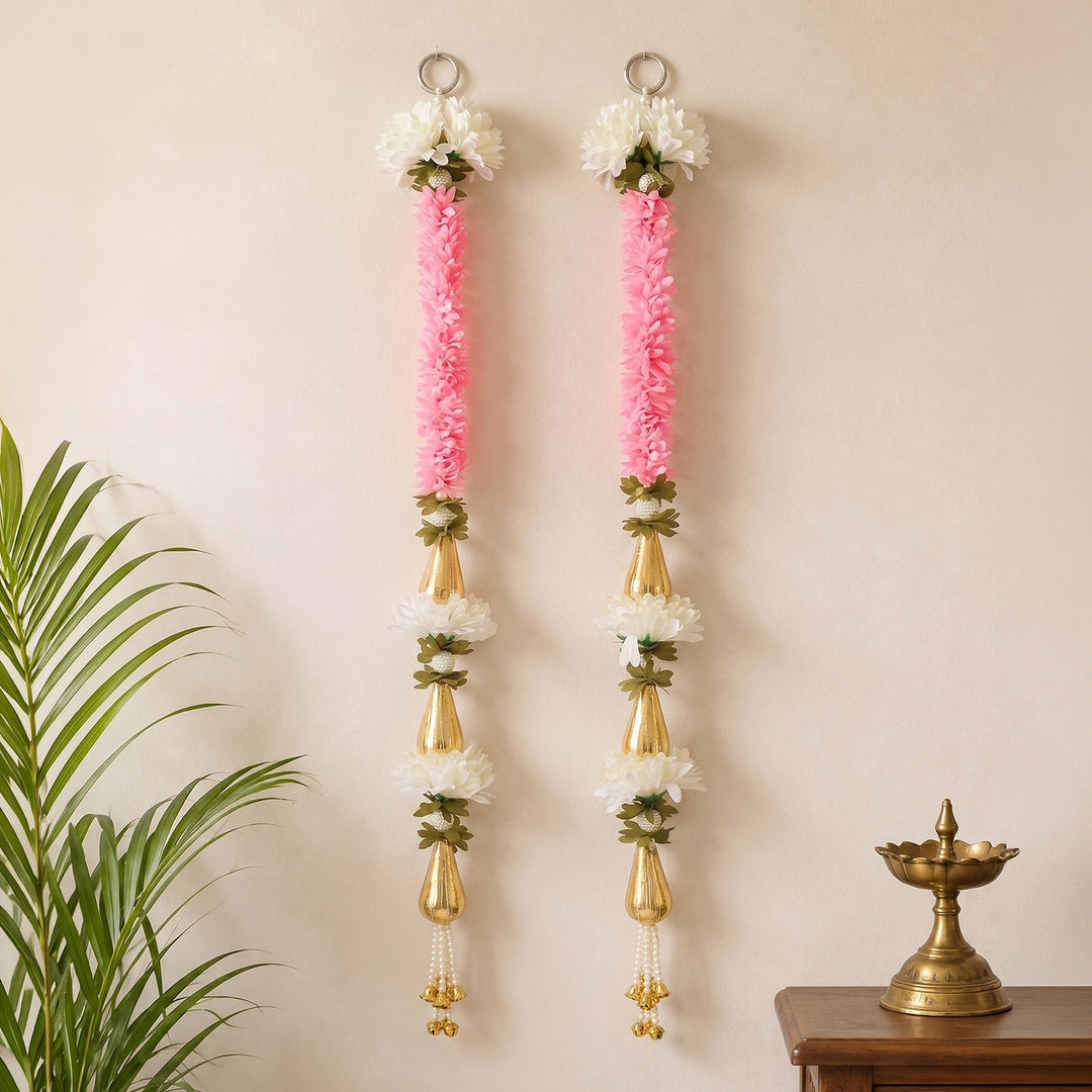 Set of 2 | Handmade White Flower & Pink Gajra Wall Hanging Pair For Festive Decor