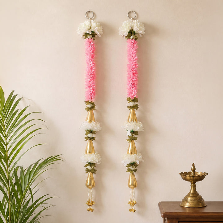 Set of 2 | Handmade White Flower & Pink Gajra Wall Hanging Pair For Festive Decor