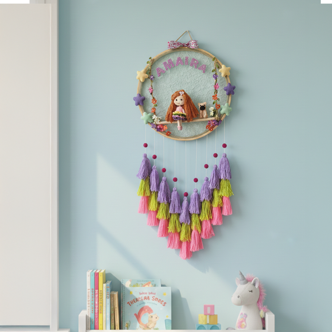 Personalized Girl & Puppy Theme Kids Name Plate With Tassels