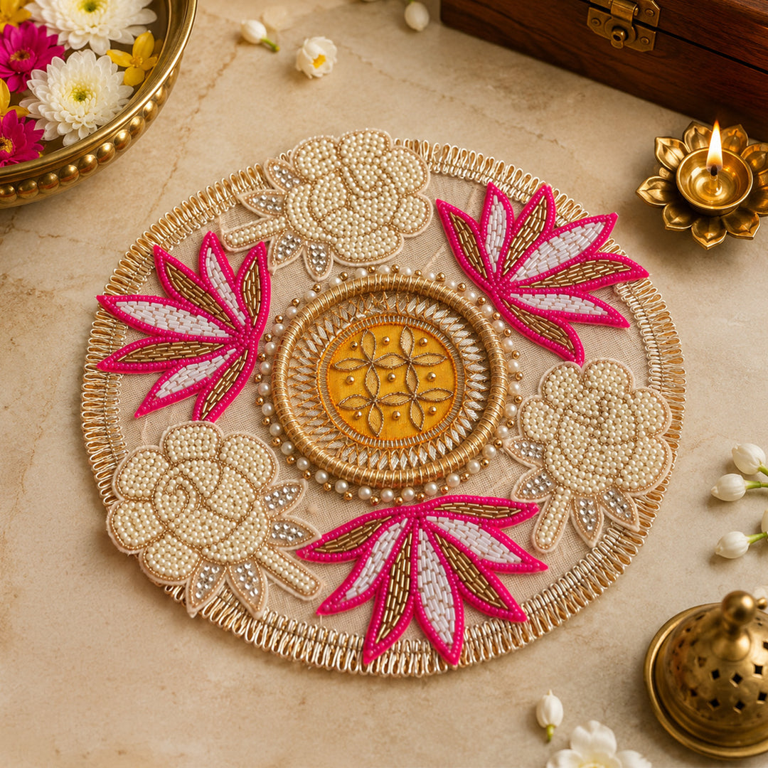 Hand-Embroidered Gota Patti Pink Lotus & White Rose Design MDF Rangoli With Tealight For Festive Decor