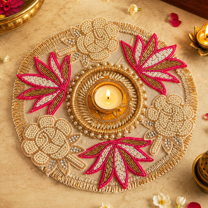 Hand-Embroidered Gota Patti Pink Lotus & White Rose Design MDF Rangoli With Tealight For Festive Decor