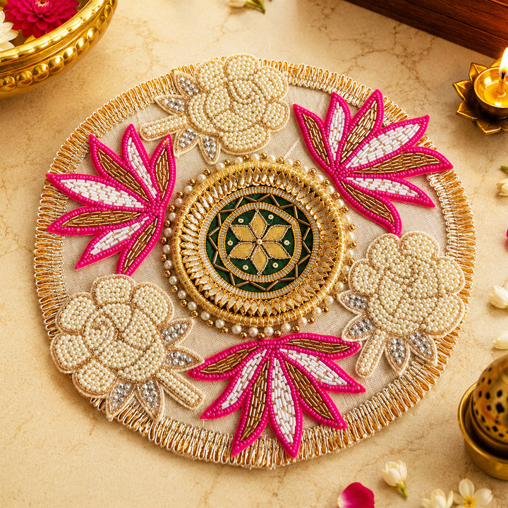 Hand-Embroidered Gota Patti Pink Lotus & White Rose Design MDF Rangoli With Tealight For Festive Decor
