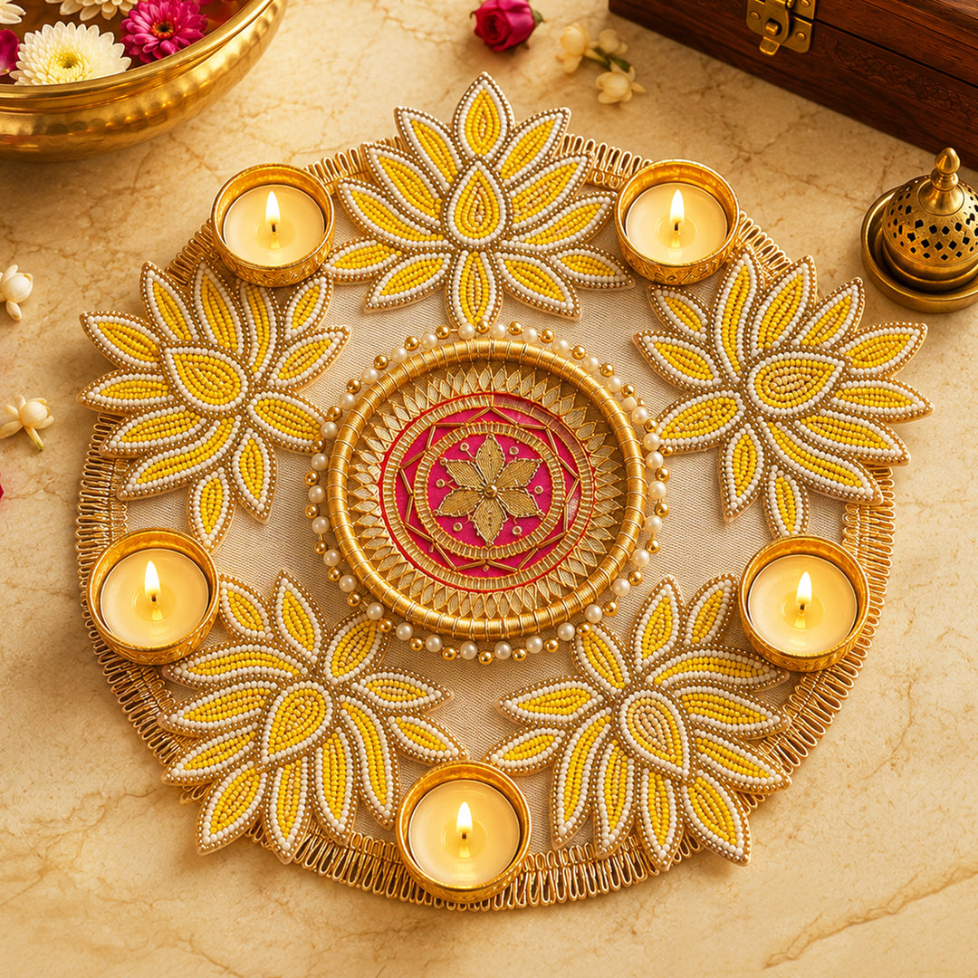 Hand-Embroidered Gota Patti Yellow Lotus Design MDF Rangoli With Tealight For Festive Decor