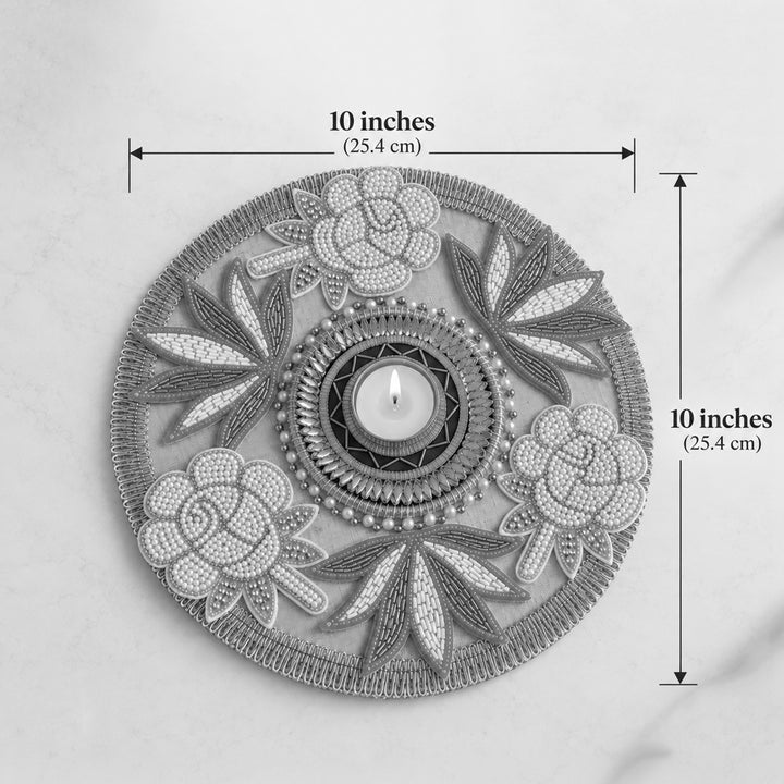 Hand-Embroidered Gota Patti Pink Lotus & White Rose Design MDF Rangoli With Tealight For Festive Decor