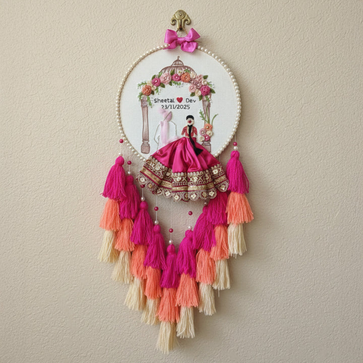 Personalized Embroidered Pink Wedding Plaque With Tassels