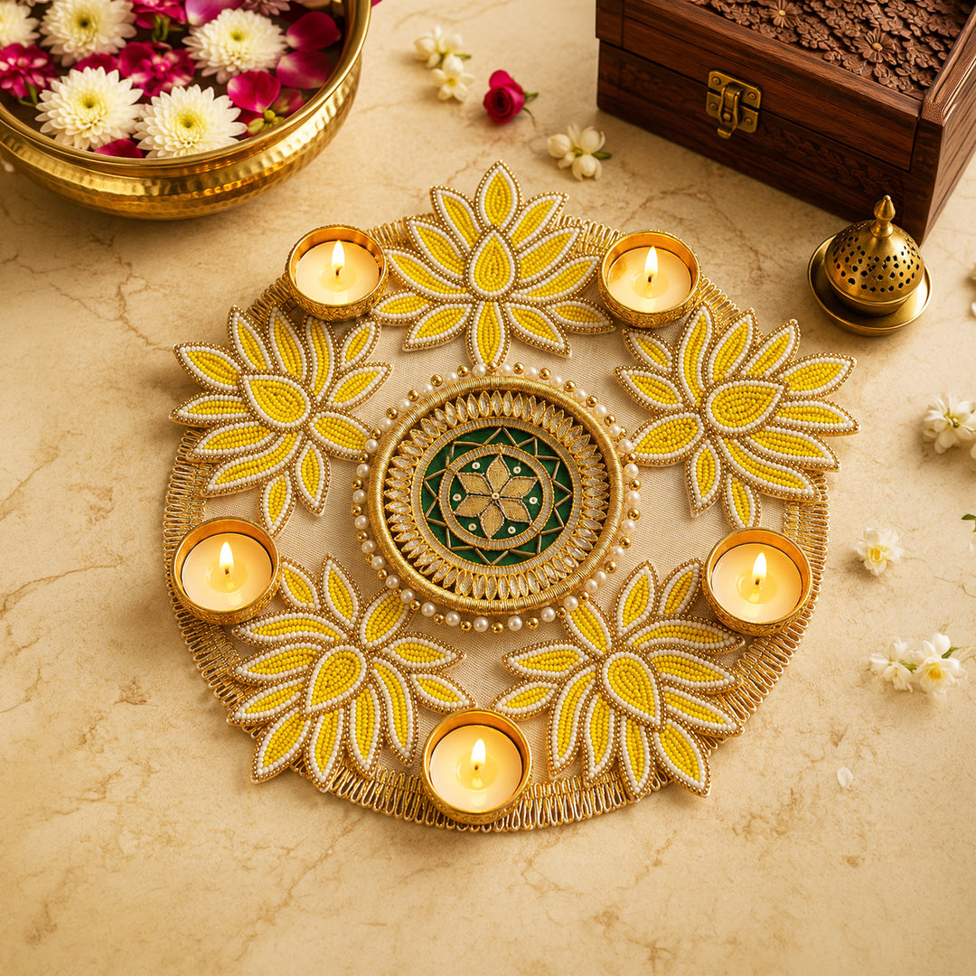 Hand-Embroidered Gota Patti Yellow Lotus Design MDF Rangoli With Tealight For Festive Decor