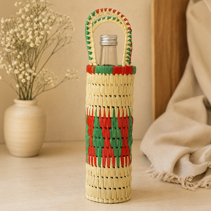 Handwoven Palm Leaf Dual Colour Bottle Holder With Handle For Gifting