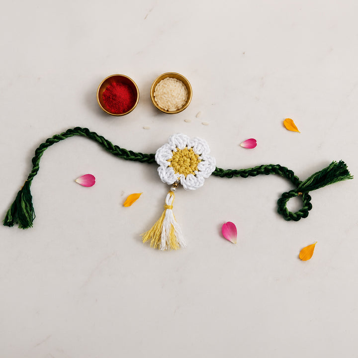 Handmade Crochet Daisy Rakhi With Roli Chawal for Bhaiya