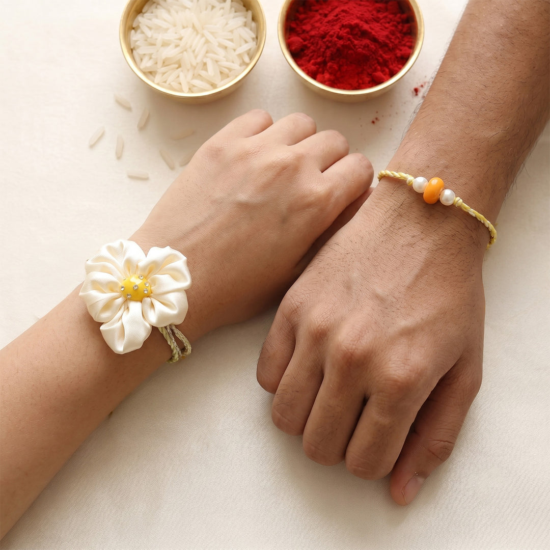Handmade Daisy Phool Floral Pearl Couple Rakhi Lumba Set With Roli Chawal For Bhaiya Bhabhi