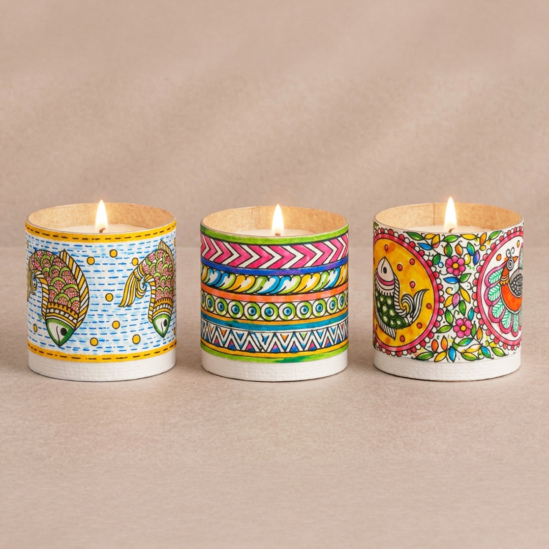 Set of 3 | Hand-Painted Madhubani-Inspired Fish Parchment Leather Votive Tealight Covers