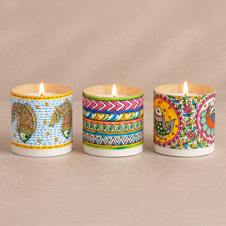 Set of 3 | Hand-Painted Madhubani-Inspired Fish Parchment Leather Votive Tealight Covers