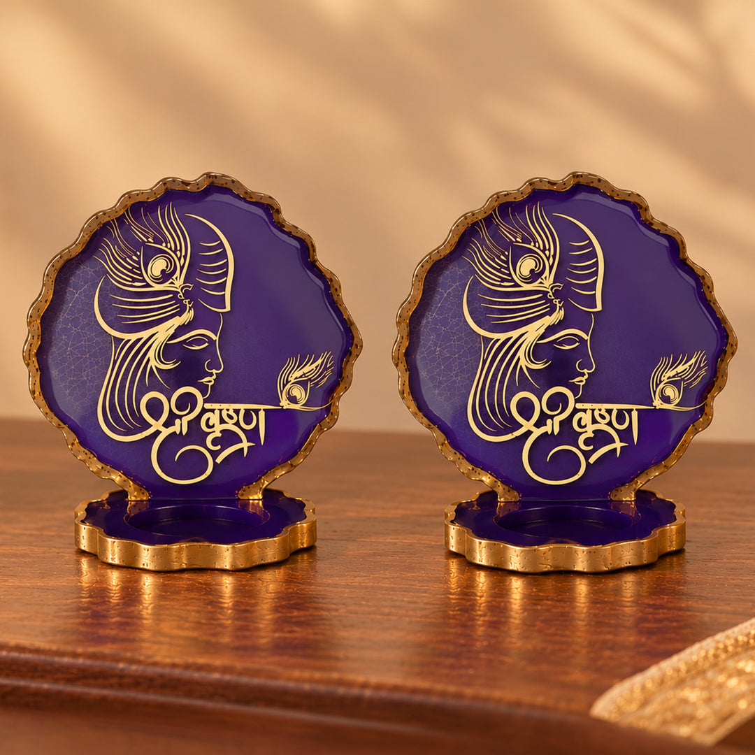 Purple Lord Krishna Peacock Feather & Flute Resin Art Tealight Holder
