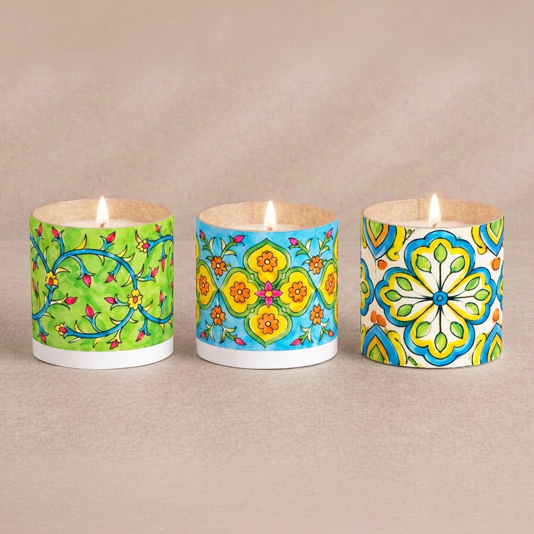 Set of 3 | Hand-Painted Blue & Green Pottery-Inspired Parchment Leather Votive Tealight Covers