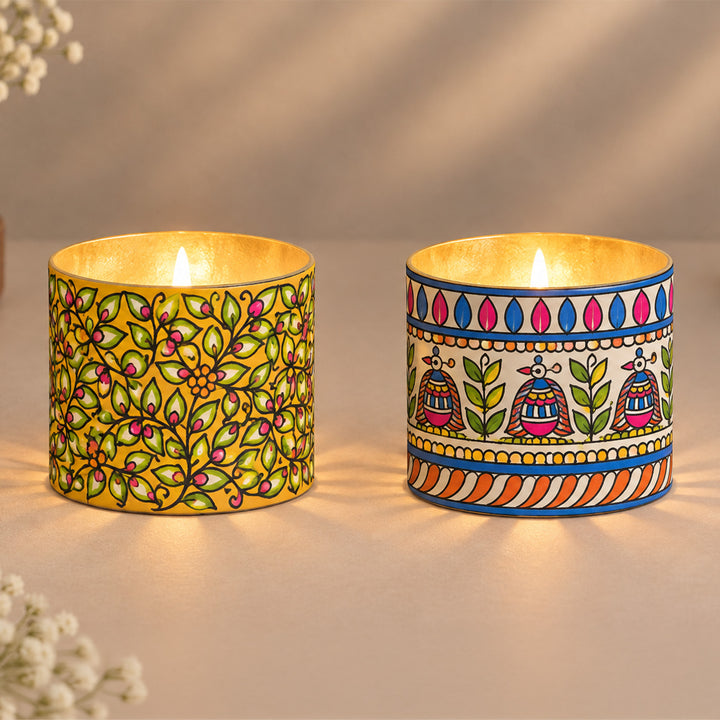 Set of 2 | Hand-Painted Madhubani-Inspired Parchment Leather Votive Tealight Covers