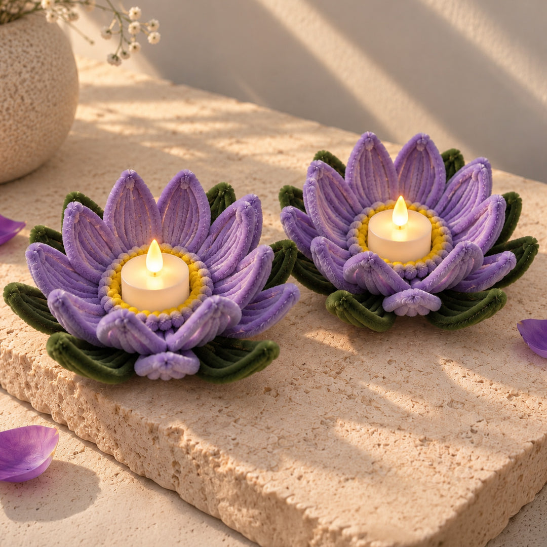 Set of 2 | Handcrafted Lavender Lotus Pipe Cleaner LED Tealight Holders