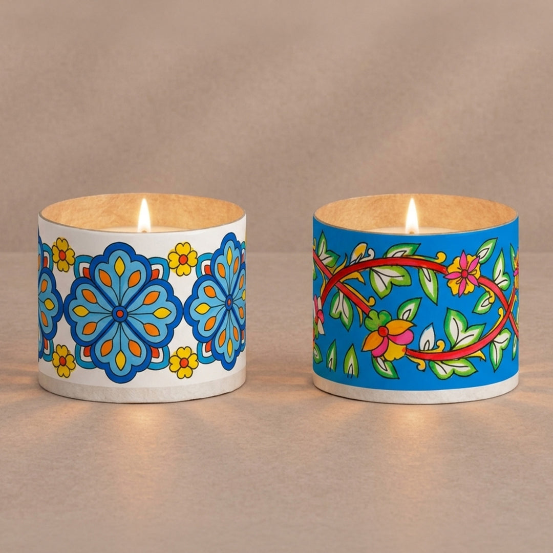 Set of 2 | Hand-Painted Blue Pottery-Inspired Parchment Leather Votive Tealight Covers