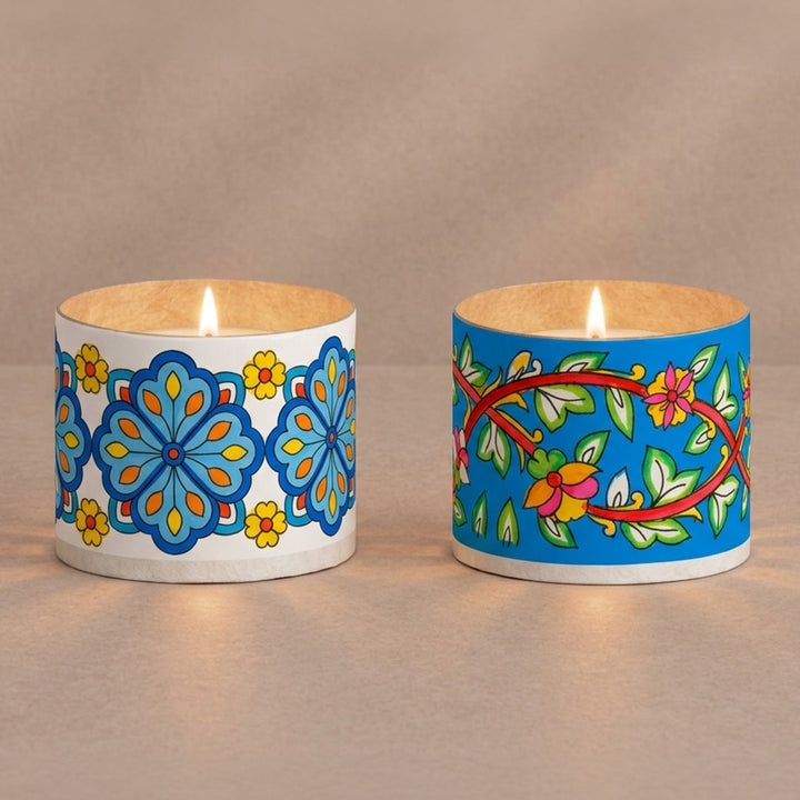 Set of 2 | Hand-Painted Blue Pottery-Inspired Parchment Leather Votive Tealight Covers
