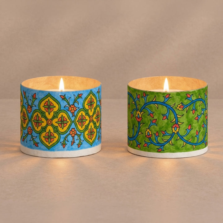 Set of 2 | Hand-Painted Blue & Green Pottery-Inspired Parchment Leather Votive Tealight Covers
