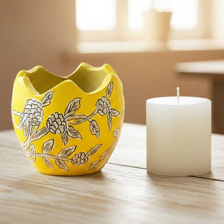 Hand-Painted Yellow & White Floral Terracotta Candle Holder With Candle