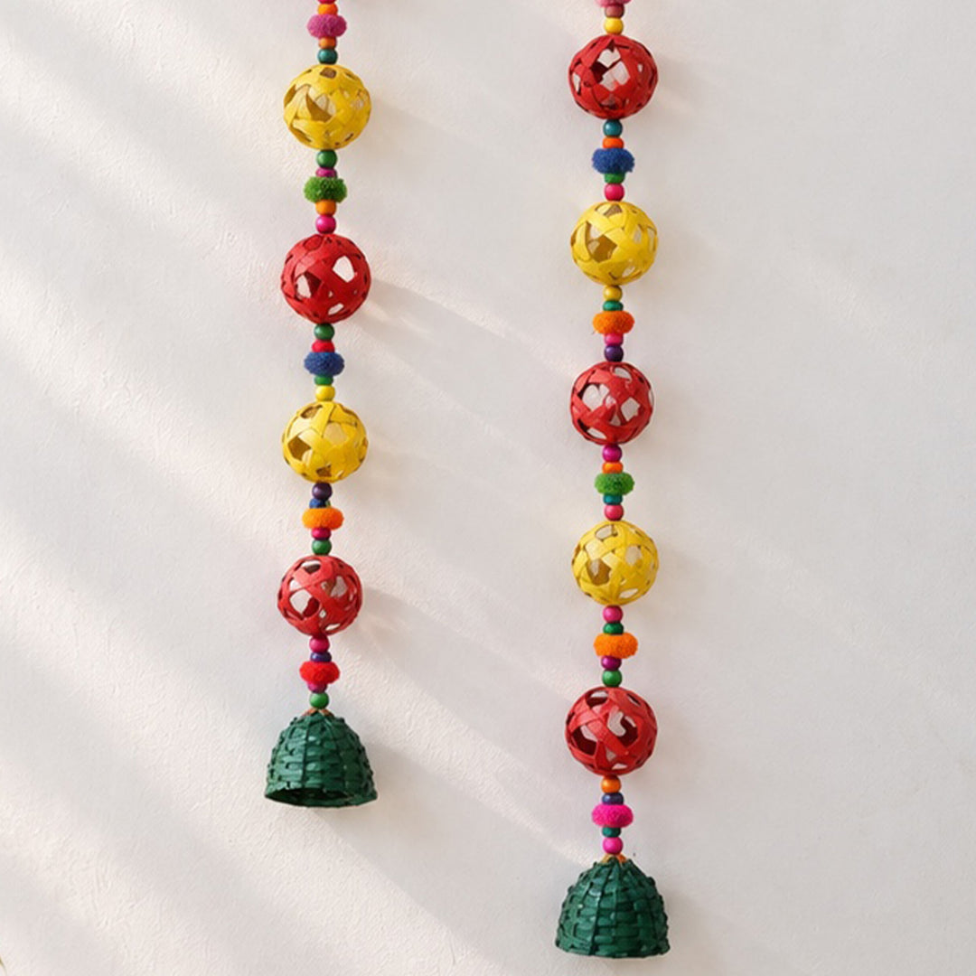 2 Pc | Handmade Woven Ball Design Bamboo Hanging With Wooden Beads & Pom Poms