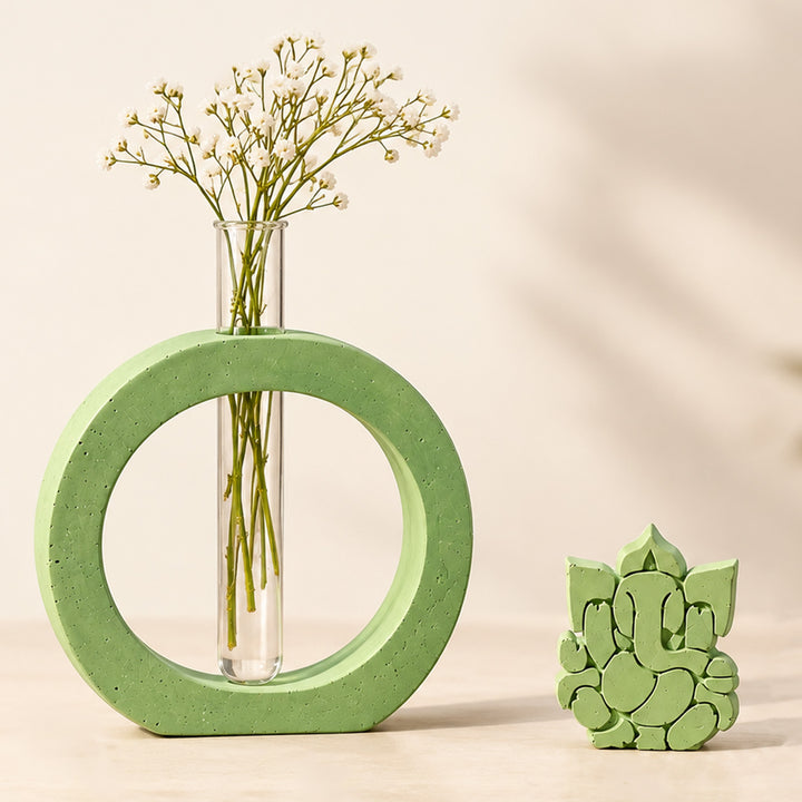 2 Pc | Handmade Eternal Grace Concrete Ganesha & Test Tube Vase Gift Hamper