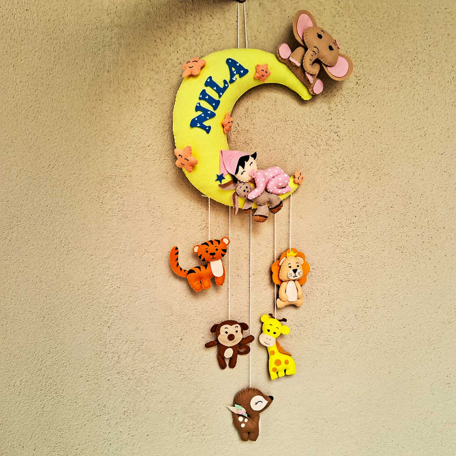 Personalized Girl Sleeping On Moon With Animals Felt Kids Name Plate For Kids - Hanging Wall Decoration Front View