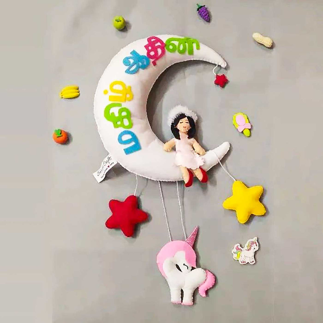 Personalized Girl On Moon Themed Felt Kids Name Plate - Front View Hanging Mobile Display