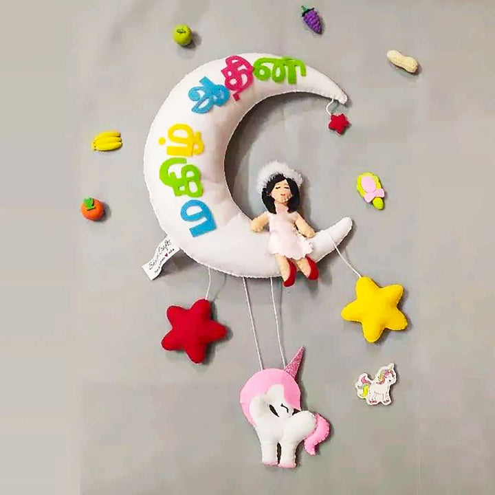 Personalized Girl On Moon Themed Felt Kids Name Plate - Front View Hanging Mobile Display