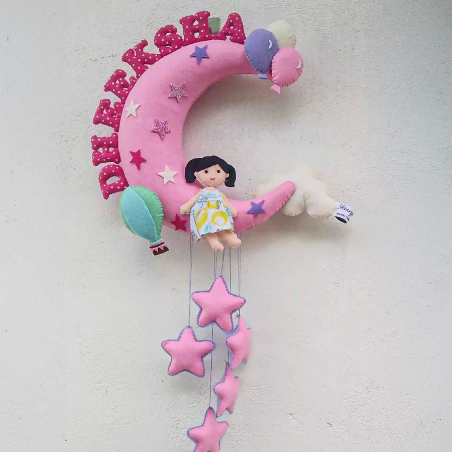 Personalized Girl On Moon Themed Felt Kids Name Plate 4 - Hanging Wall Decoration Display