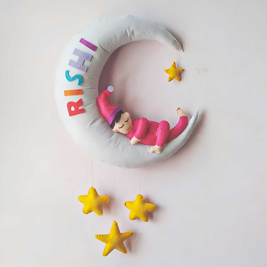 Personalized Girl On Moon Themed Felt Kids Name Plate 2 - Front View with Name Personalization