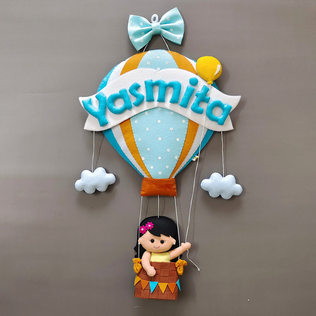 Hand Stitched Teddy Themed Felt Kids Name Hanging 12 - Hanging Front View with Name Personalization