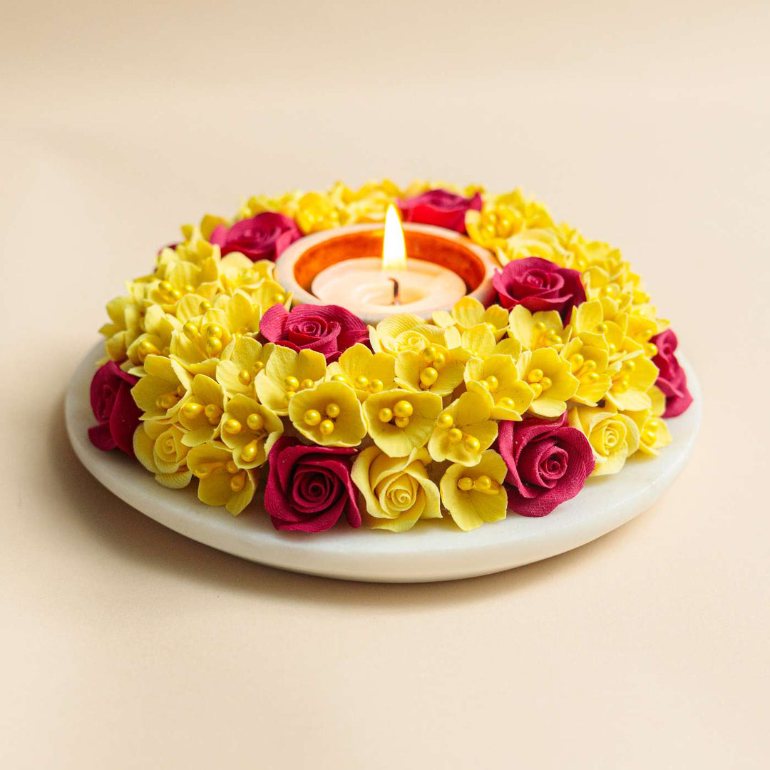 Handmade Red & Yellow Gloria Deco Clay & Marble Tealight Holder