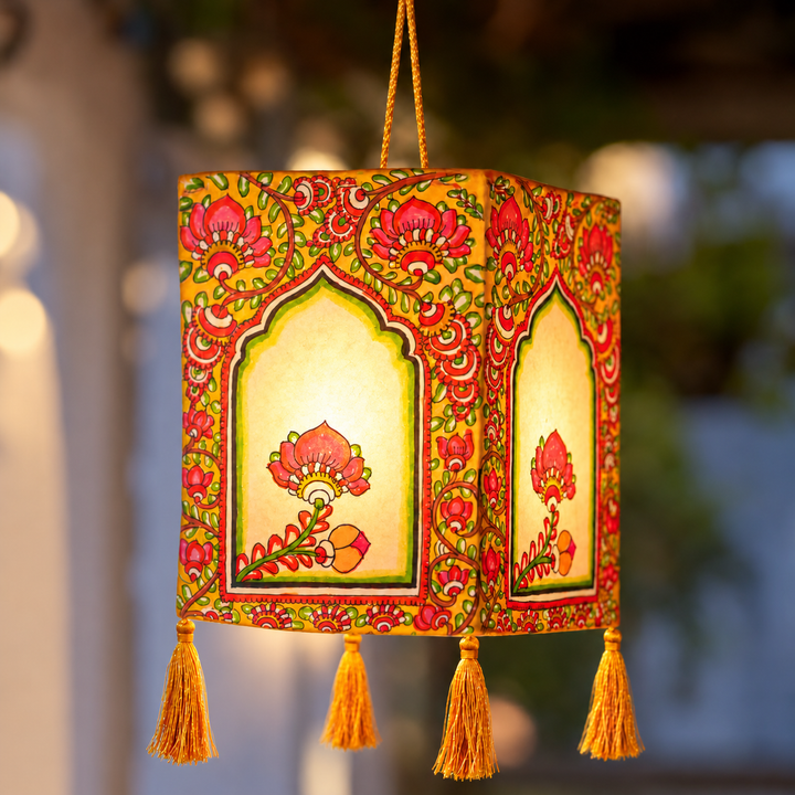 Flower Hand Painted Tholu Bommalata Parchment Leather Hanging Lamp/Kandil - Multicolour