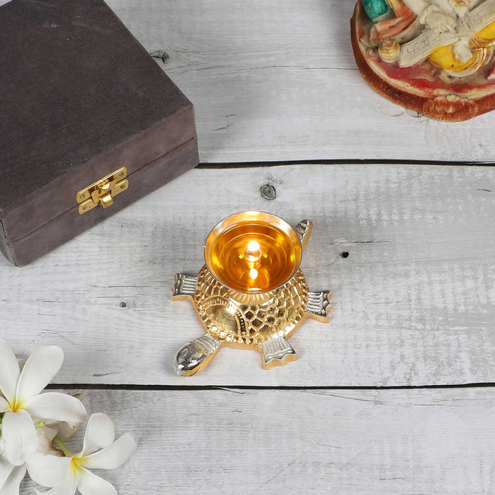 Handmade Gold Tortoise Akhand Oil Lamp / Diya