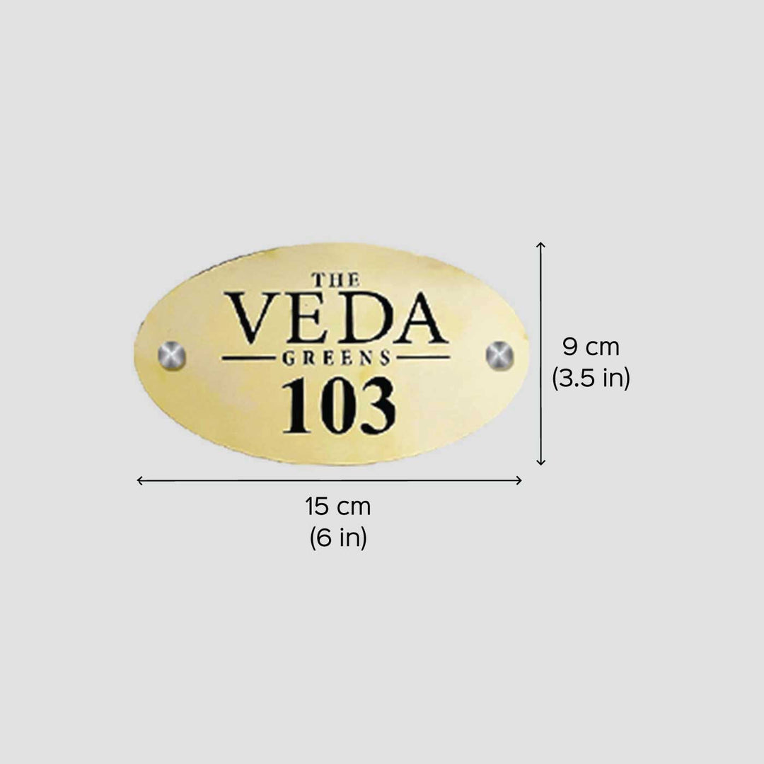 Personalized Waterproof Oval Golden Metal Name Plate - Dimension Chart with Front View