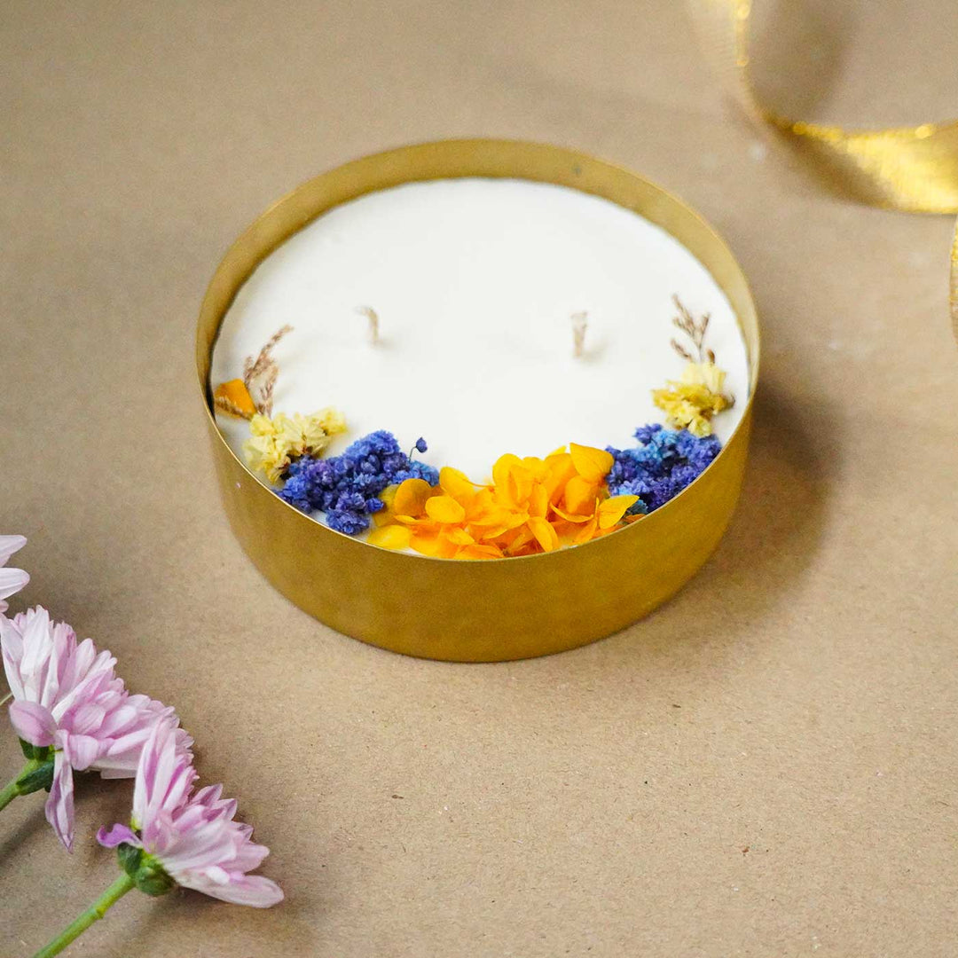 5 Inch | Handmade Hammered Copper Finish Urli Scented Candle With Dry Flowers