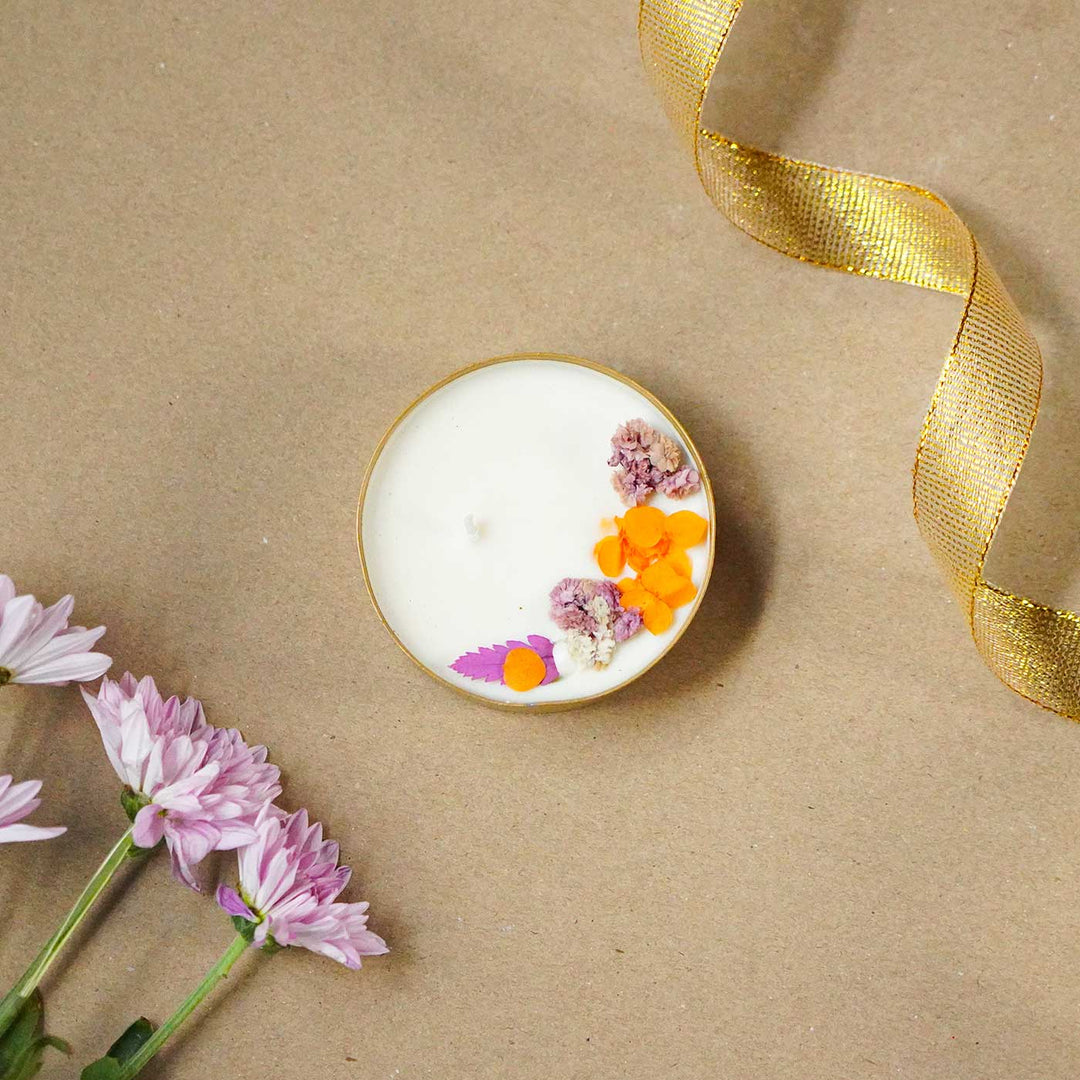 3 Inch, Handmade Copper Finish Urli Scented Candle With Dry Flowers
