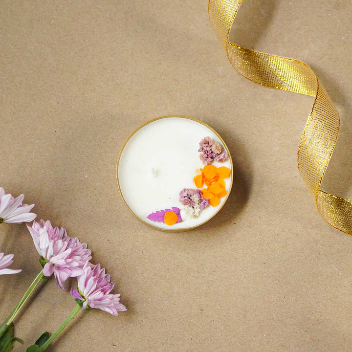 3 Inch, Handmade Copper Finish Urli Scented Candle With Dry Flowers