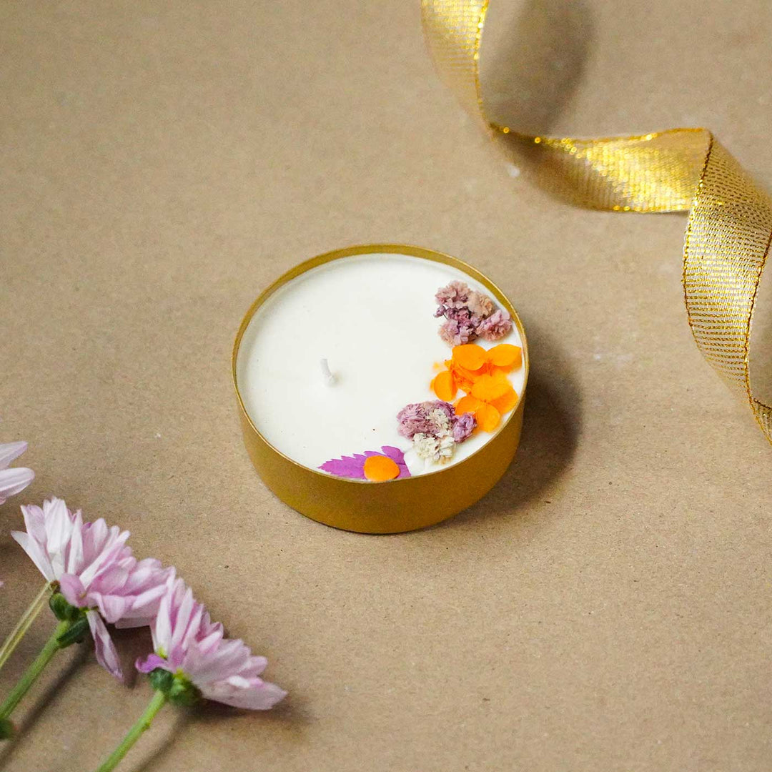 3 Inch, Handmade Copper Finish Urli Scented Candle With Dry Flowers