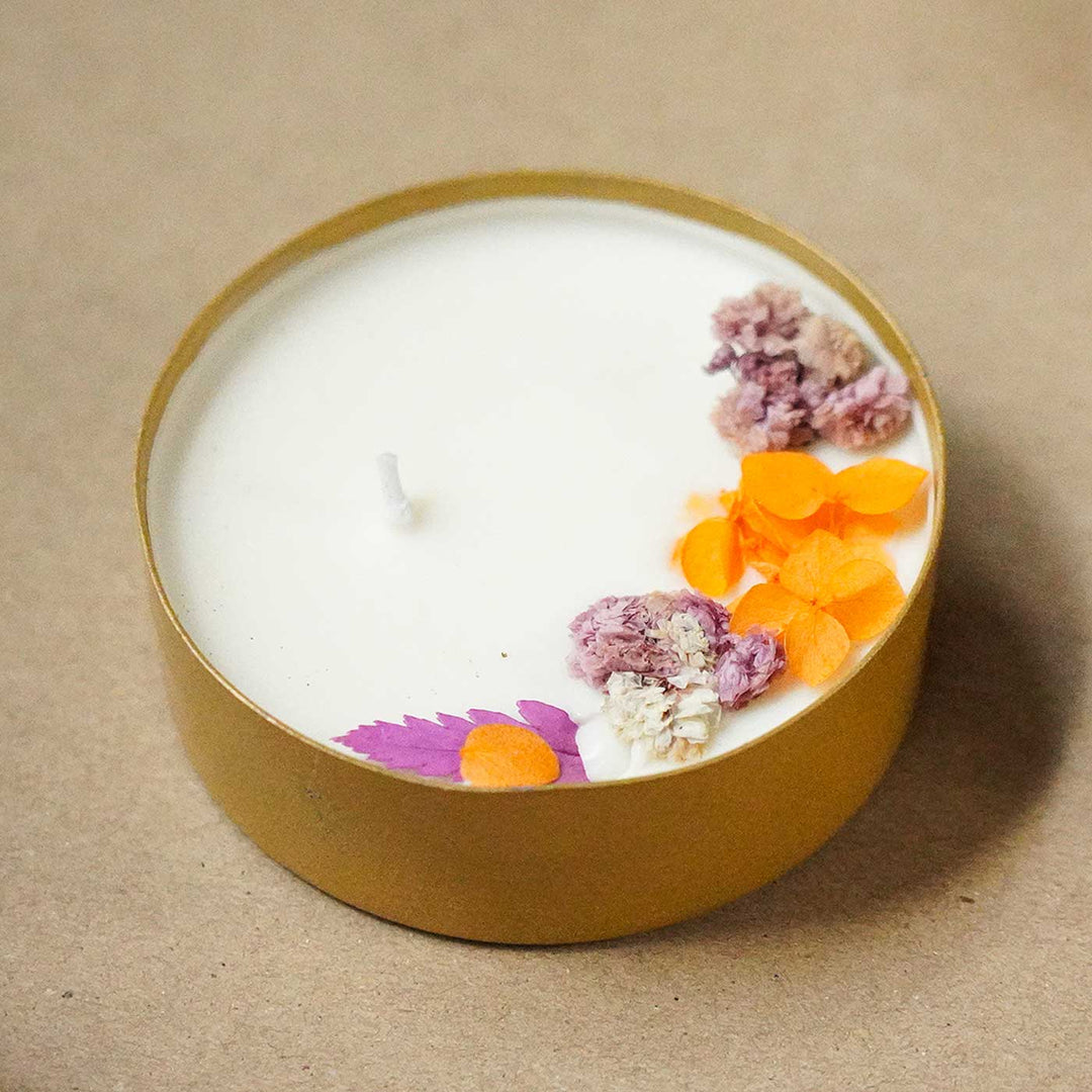 3 Inch, Handmade Copper Finish Urli Scented Candle With Dry Flowers
