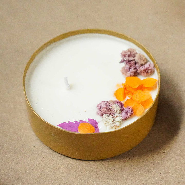 3 Inch, Handmade Copper Finish Urli Scented Candle With Dry Flowers