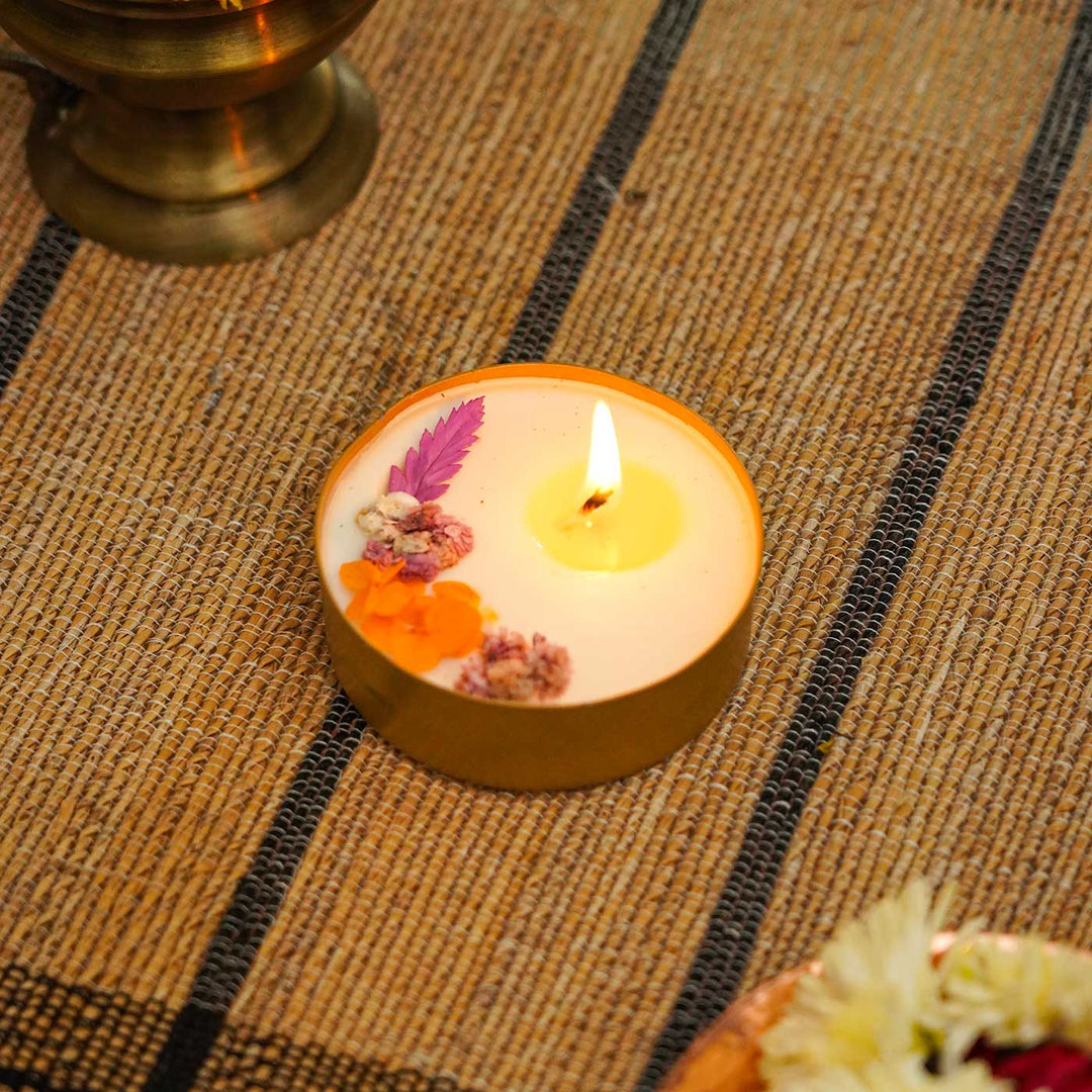 3 Inch, Handmade Copper Finish Urli Scented Candle With Dry Flowers