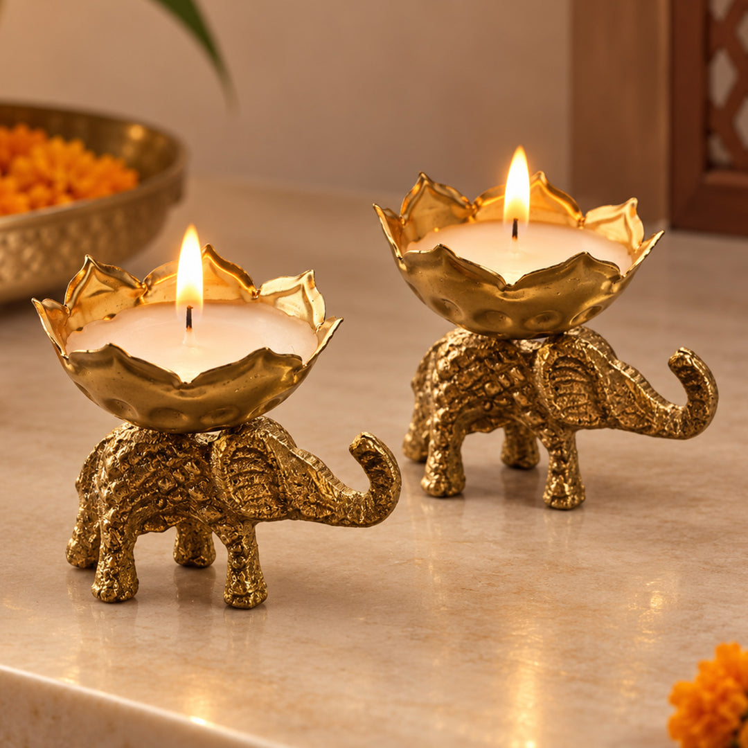 2 Pc | Handmade Elephant Brass Urli Soy Wax Scented Candle For Festive Decor