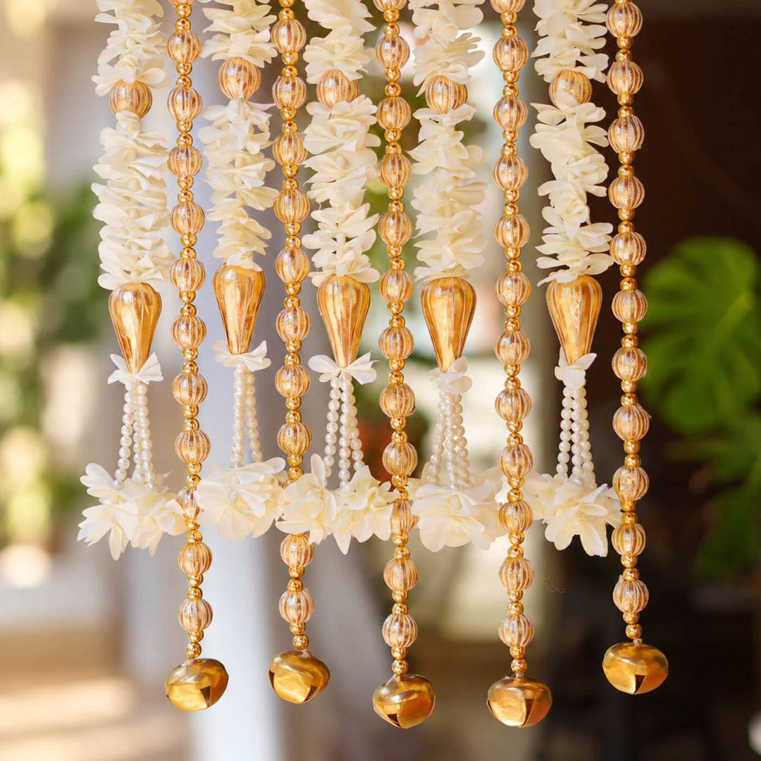 10 Pc | Shwet Gota Hanging Set with White Floral & Gold Bead Strings
