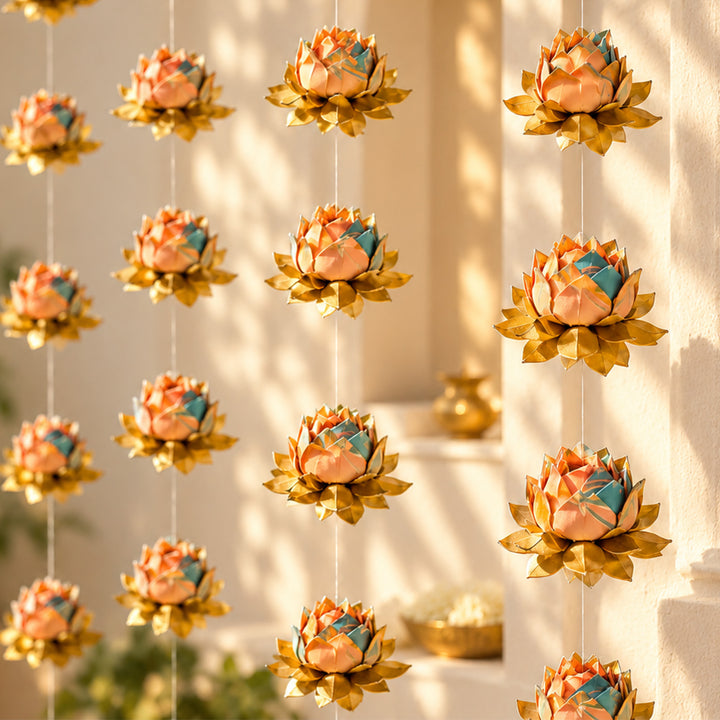 2 Pc | Hand-Marbled Origami Lotus Hanging In Tree-Free Paper - Blush Pink & Gold
