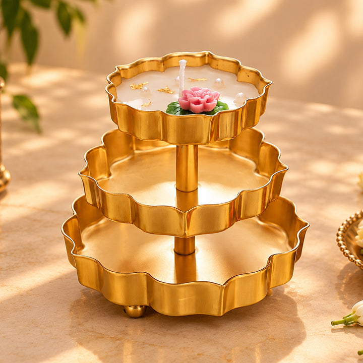 Handcrafted 3 Tier Lotus Brass Urli Soy Wax Candle With Lily & Lavender Fragrance For Festive Decor