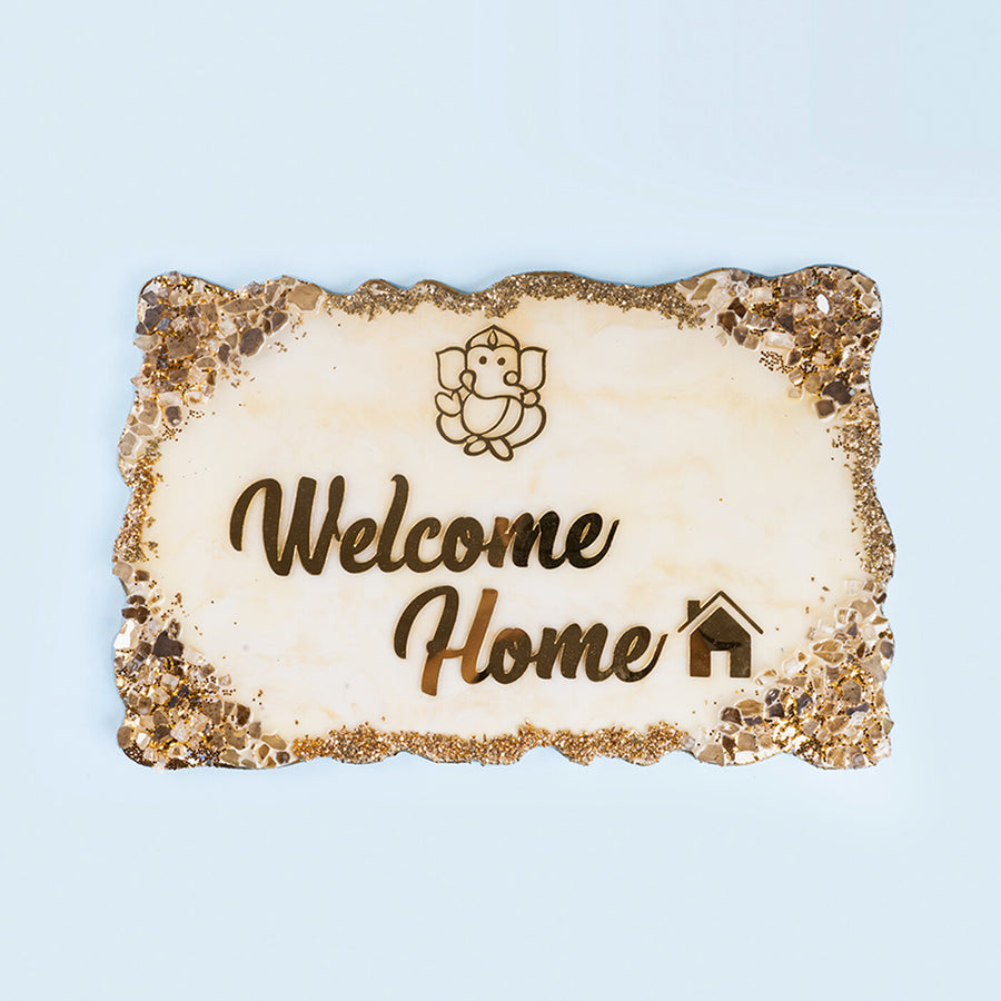 Handcrafted Resin White Gold Name Plate - Front View on Light Background