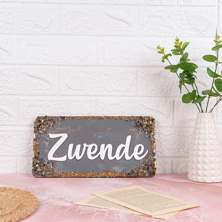 Handcrafted Resin Grey Name Plate - Front View on Tabletop Display