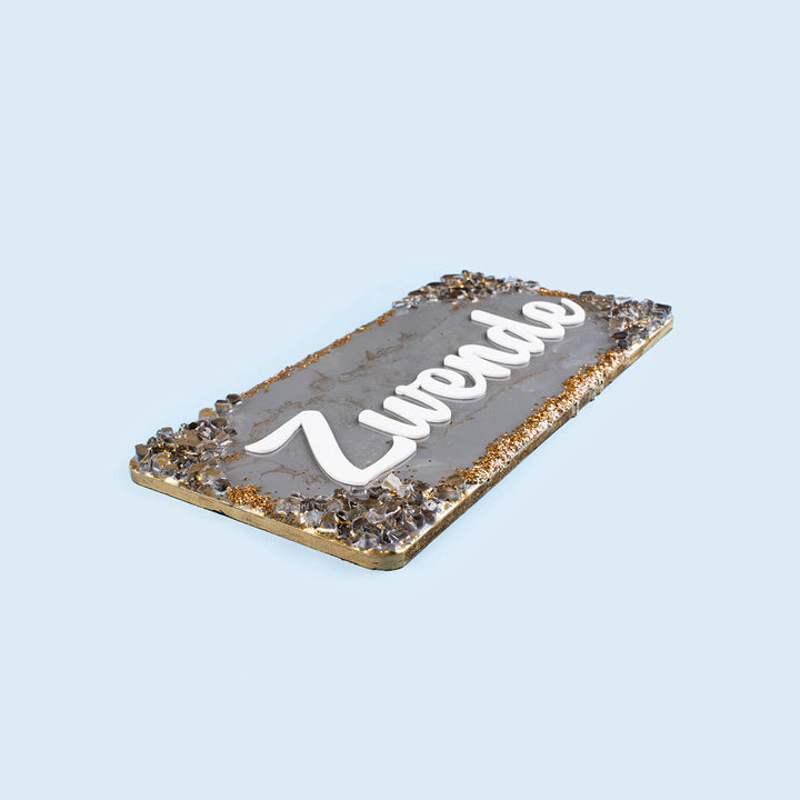 Handcrafted Resin Grey Name Plate - Angled Close-up Showing Edge Details