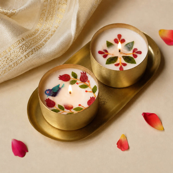 Set of 2 | Handmade Soy Wax & Pressed Flower Diyas/Candles With Elegant Brass Tray For Festive Gifting